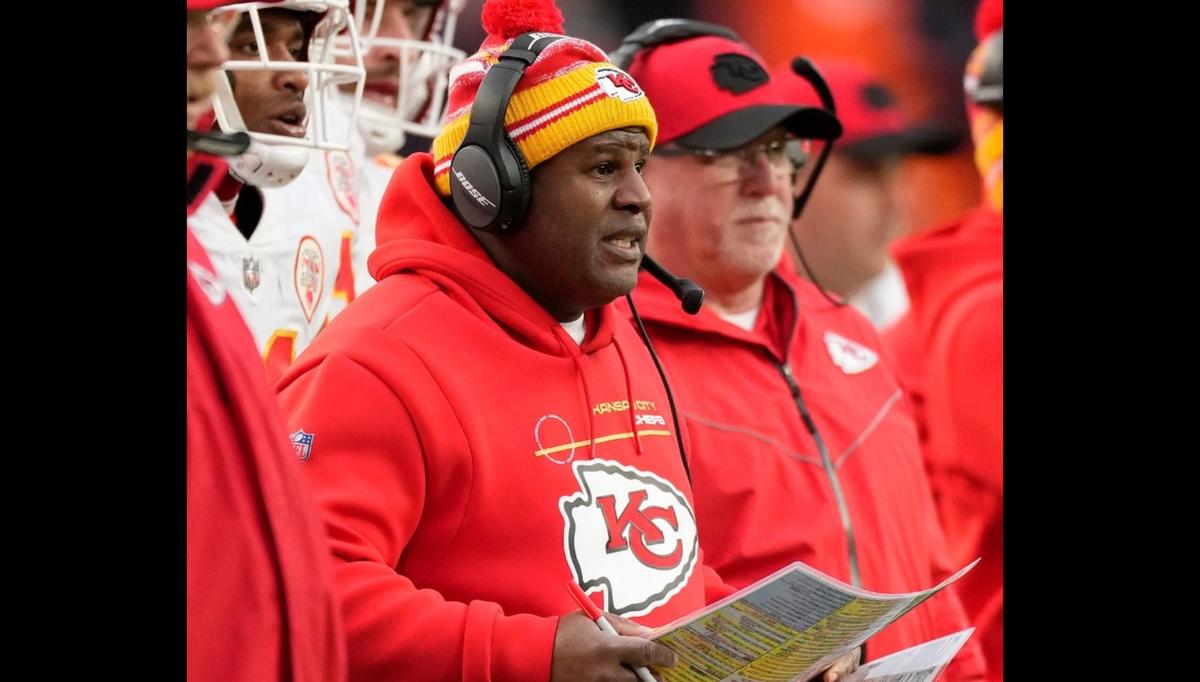 Kansas City Chiefs offensive coordinator Eric Bieniemy against the Denver Broncos during an NFL football game Saturday, Jan. 8, 2022, in Denver. (AP Photo/David Zalubowski)