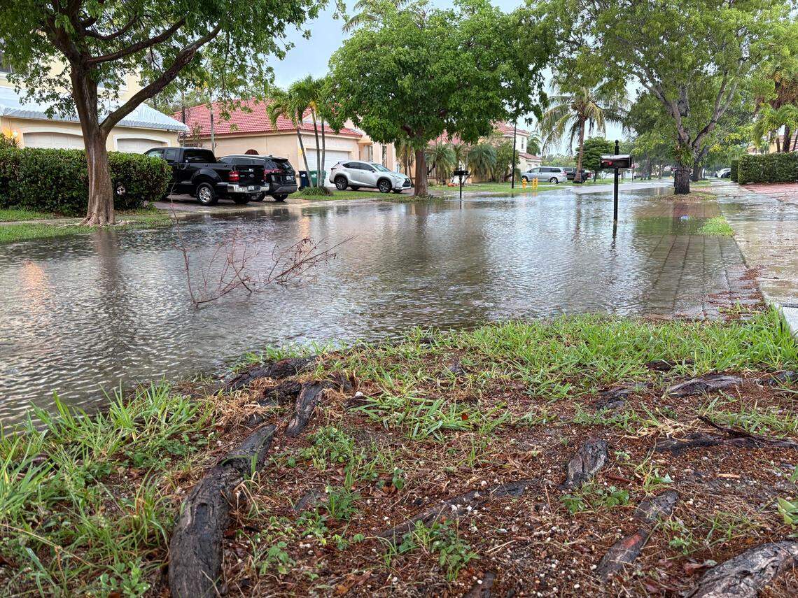 Flood water covers the street and driveways along Southwest 108th Place in Princeton Monday, June 2, 2025, following heavy rains from thunderstorms that went through the area.