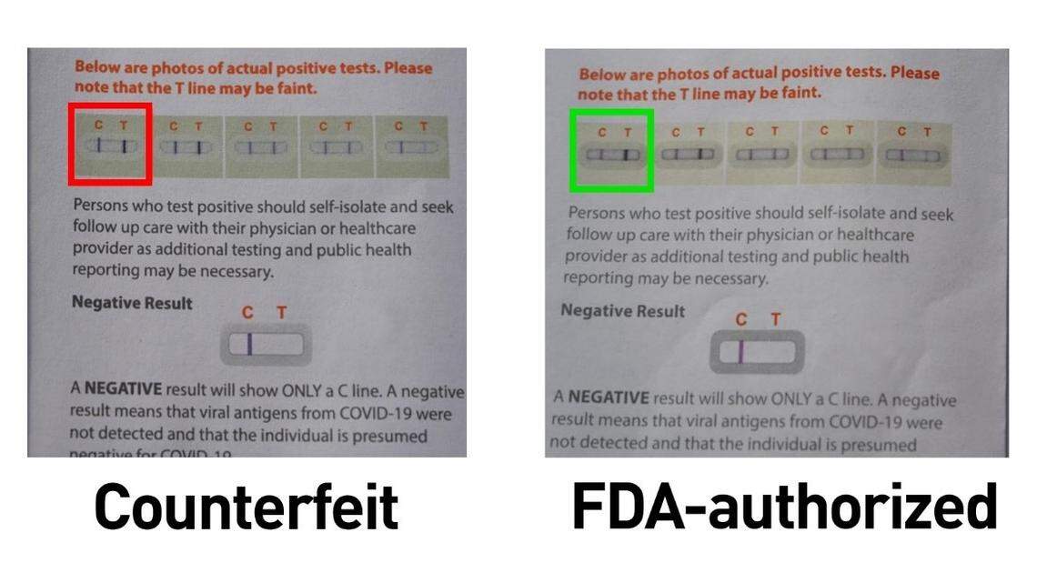 An example shared by the FDA comparing a counterfeit iHealth COVID-19 Antigen Home Test with a real, FDA-authorized one.