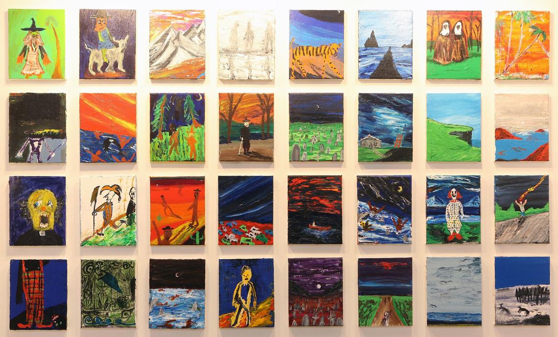 Collage of 32 paintings, 2018, acrylic in canvas is one of the work from Matthew Hanzman that are on display at Fairchild on Thursday July 26, 2018 in Coral Gables.