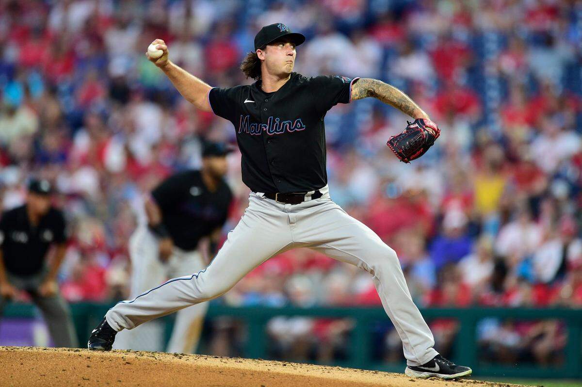 Miami Marlins pitcher Jordan Holloway throws during the second inning of the second baseball game of the team’s doubleheader against the Philadelphia Phillies, Friday, July 16, 2021, in Philadelphia. (AP Photo/Derik Hamilton)