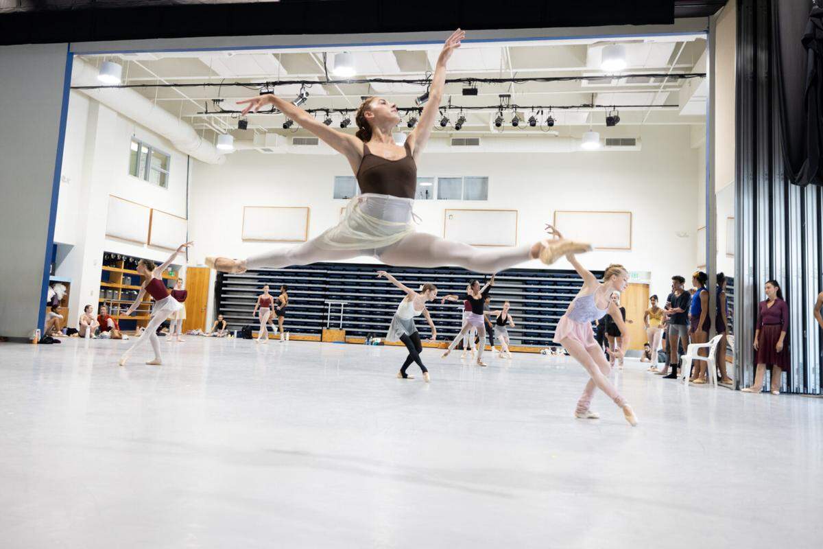 Taylor Naturkas leaps through the air in rehearsal for her role as Helena in Miami City Ballet’s “A Midsummer Night’s Dream.” Choreography by George Balanchine © The George Balanchine Trust.