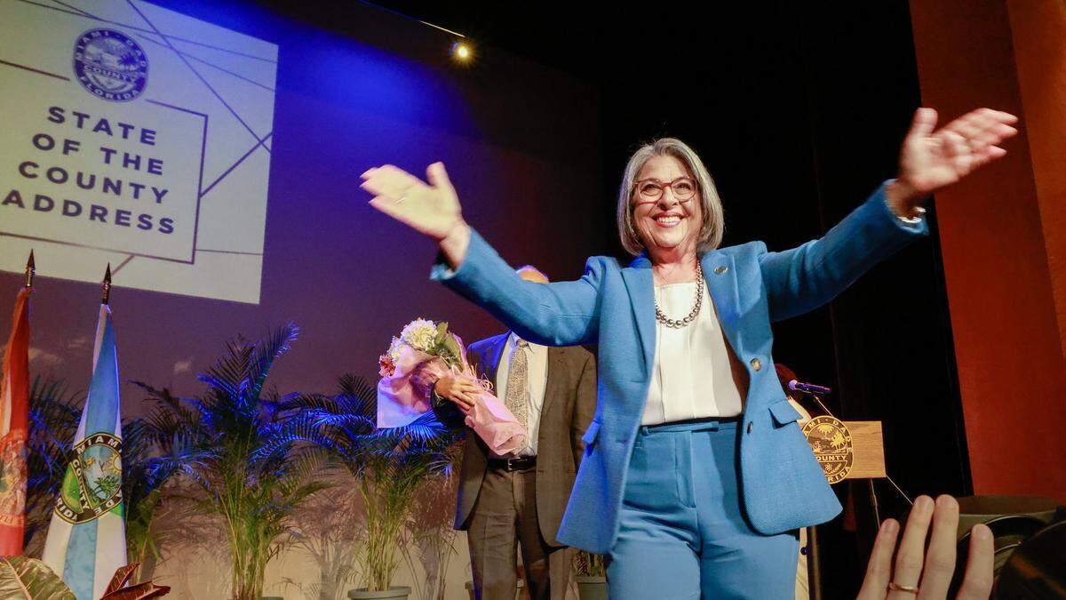 Miami-Dade Mayor Daniella Levine Cava reacts towards the audience after delivering her speech during the 2026 State of the County Address at Florida Memorial University in Miami Gardens, Florida on Wednesday, January 28, 2026. 