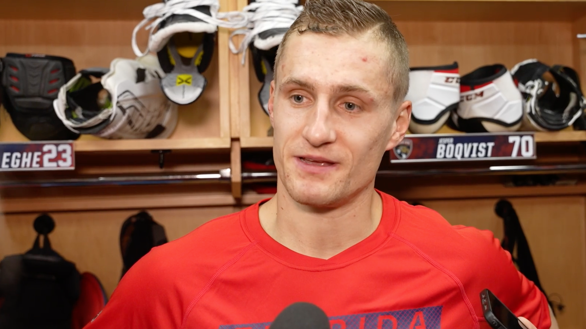 Florida Panthers center Nico Sturm talks after the team’s win over the Buffalo Sabres on Saturday, March 8, 2025, at Amerant Bank Arena.