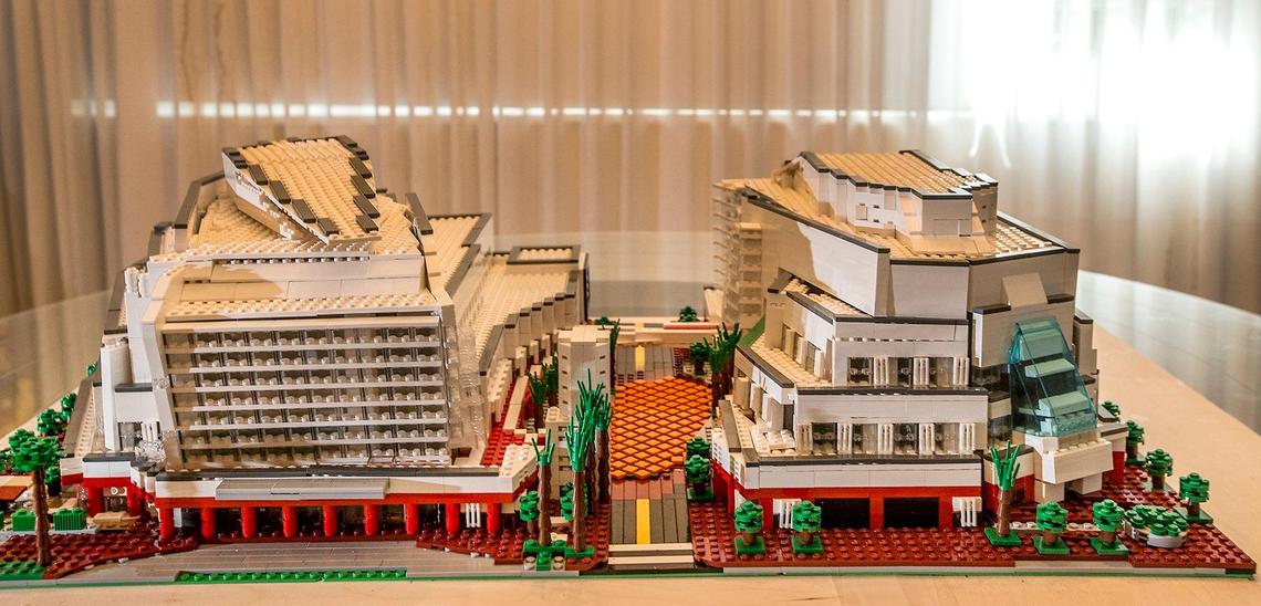 Stu Blumberg assembled a model of the Adrienne Arsht Center for the Performing Arts out of Legos.