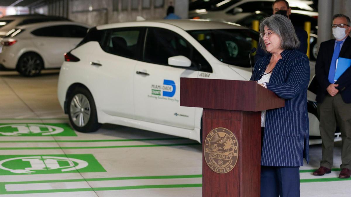 Miami-Dade County Mayor Daniella Levine Cava speaks during a press conference announcing the installation of new charging stations for electric vehicles on Miami-Dade County property at the county’s West Lot Garage on 220 NW Third Street, as part of its transition to low carbon transportation to combat climate change in Miami, Florida, Thursday, Sept. 30, 2021.