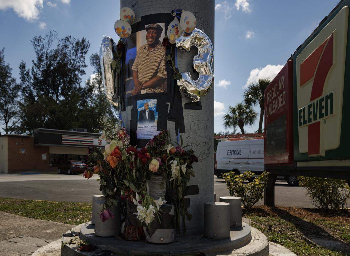 A memorial for Ronald Wilson sits on display on Thursday, March 26, 2026, at the crash site where Wilson, a bystander during a cop chase involving BSO deputies, was killed at the corner of Prospect Rd. and NW 31st Ave in Fort Lauderdale, Fla.