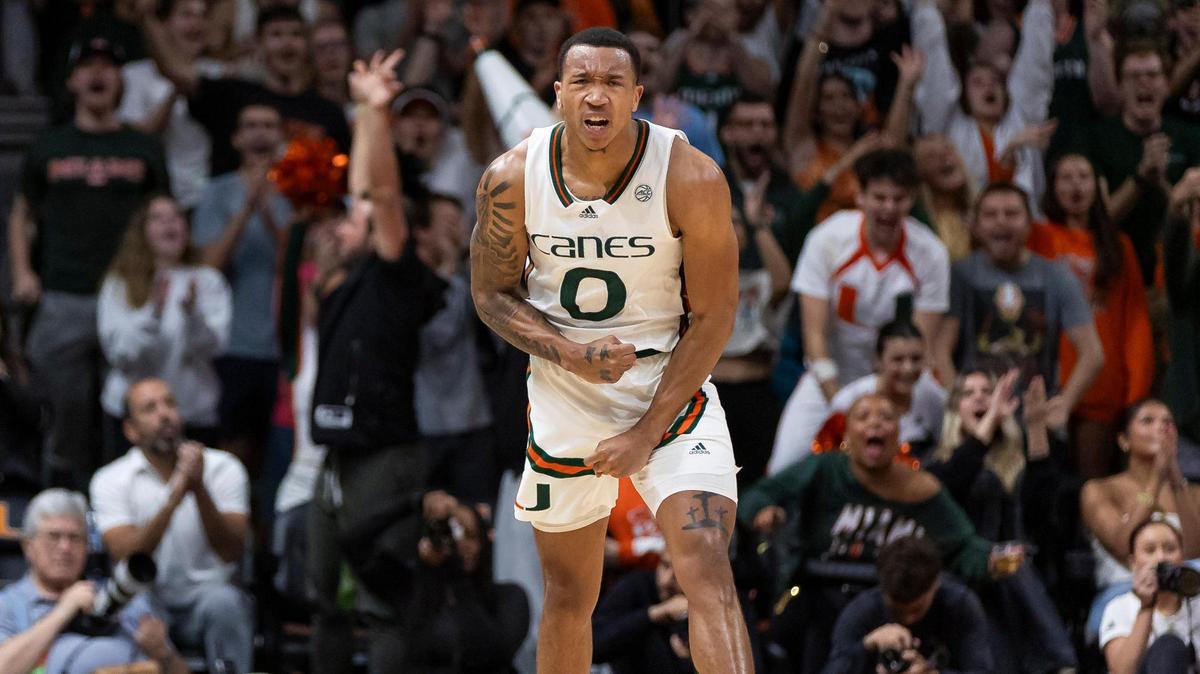 Miami Hurricanes guard Matthew Cleveland (0) reacts after scoring against the Florida International Golden Panthers in the second half of an NCAA basketball game at the Watsco Center on Monday, Nov. 13, 2023, in Coral Gables, Fla.