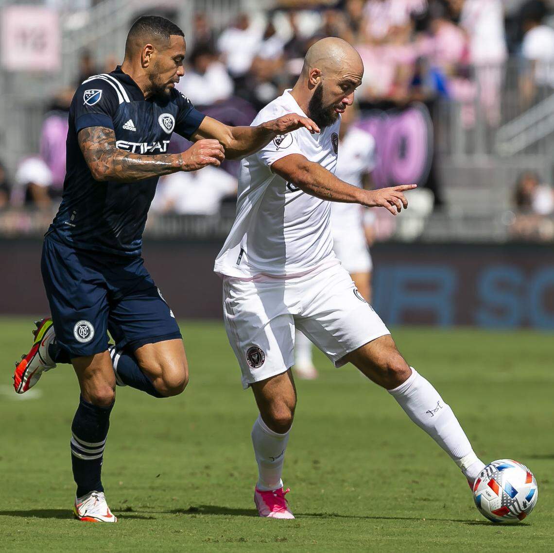 Inter Miami forward Gonzalo Higuain (9) fights for possession of the ball against New York City FC defender Alexander Callens (6) during the first half of their MLS soccer match at DRV PNK Stadium on Saturday, Oct. 30, 2021, in Fort Lauderdale.