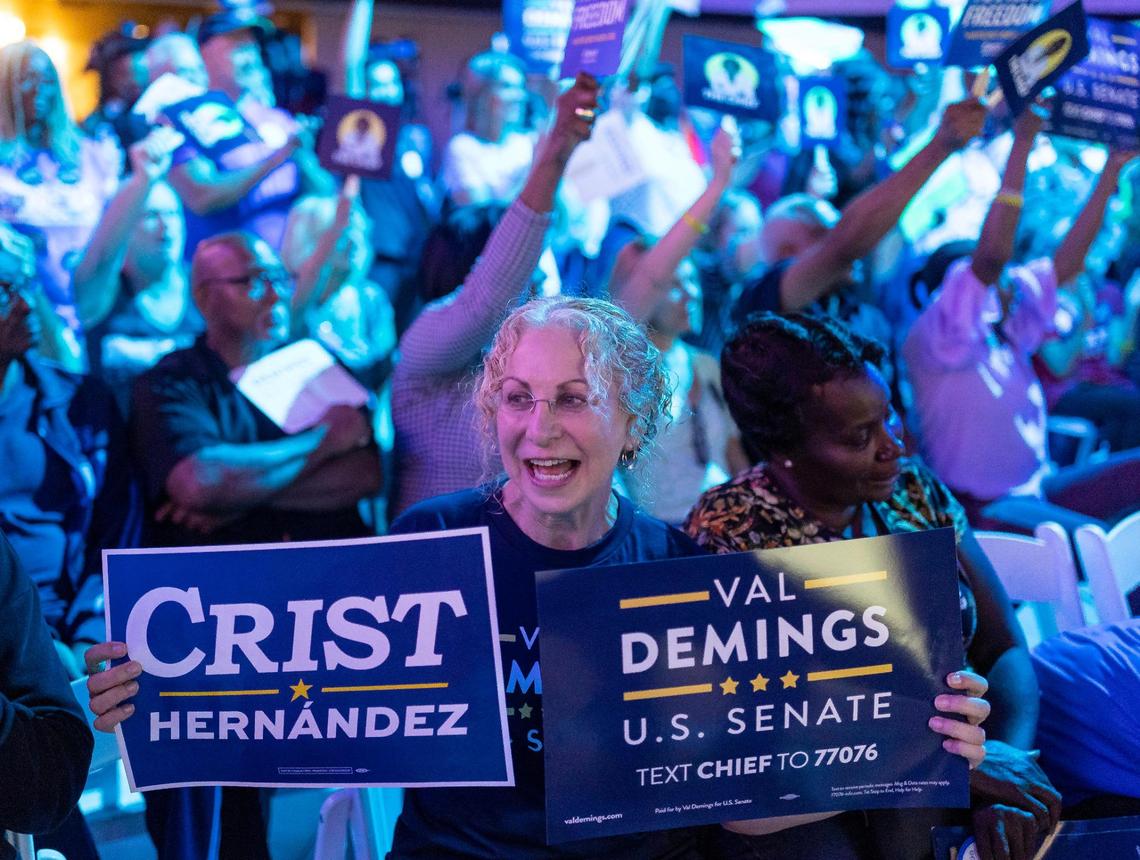 Supporters cheer before Charlie Crist, the Democratic Party’s candidate for Florida governor, speaks during a political rally at The Venue on Monday, Nov. 7, 2022, in Wilton Manors, Florida. The rally was held a day before the Nov. 8 elections.