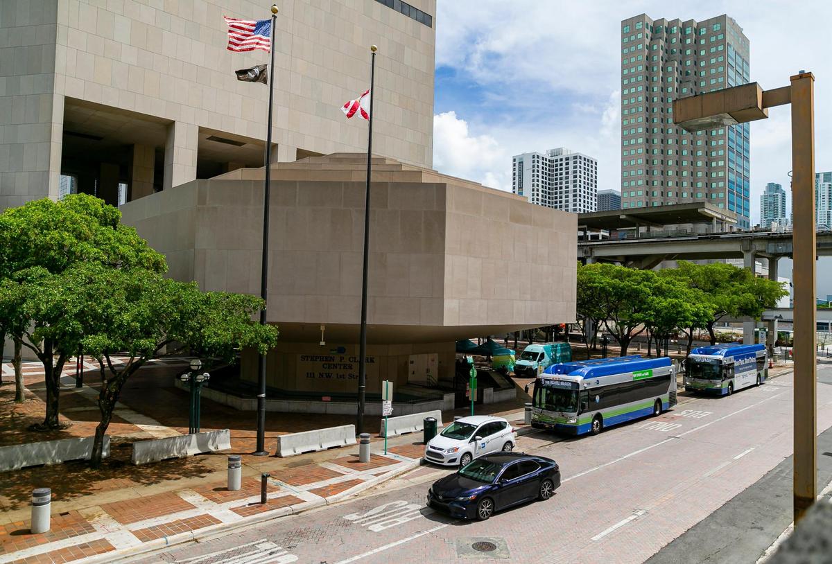 The properties up for bid in the county’s redevelopment plan for western portion of downtown Miami include the octagonal commission chambers annex, which would be demolished and replaced. Buses that now stop at the street would go to a new transit hub abutting the Government Center Metrorail and Metromover station.