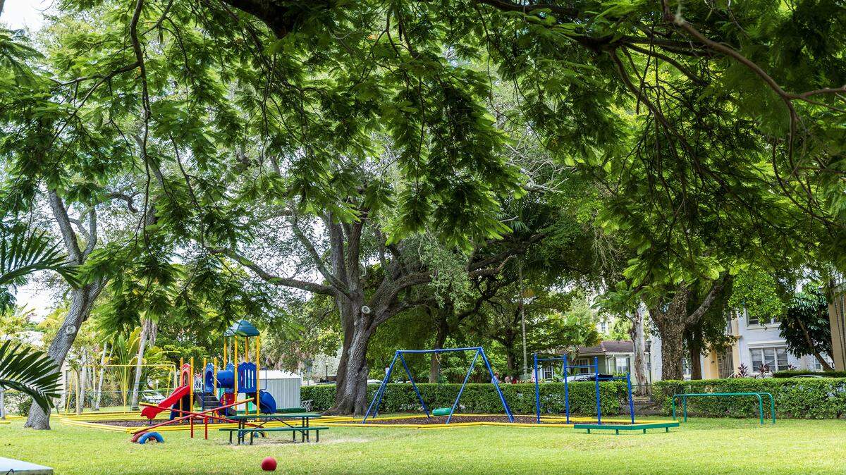View of centennial trees inside the Crystal Academy children's park, lot that also is the home of the St. James Evangelical Lutheran Church of Coral Gables that was bought by the Century Homebuilders Group in 2021 with plans to removes all trees and buildings to develop a project called Crystal, a 9-story mixed-use building, on Thursday, August 07, 2025.