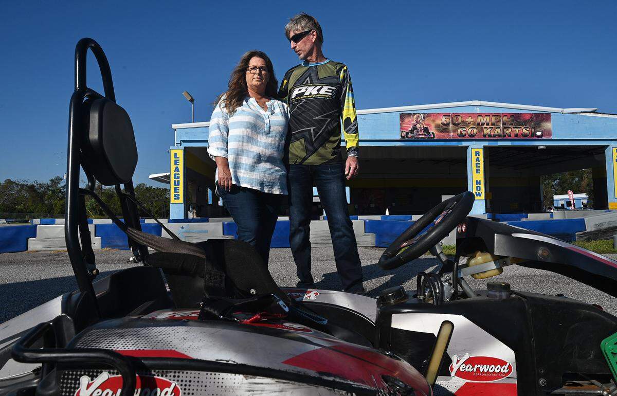 Terry and Bobbie Downs at their Pro Karting Experience go-kart track in St. Petersburg, Florida, on Tuesday, Oct. 29, 2024.