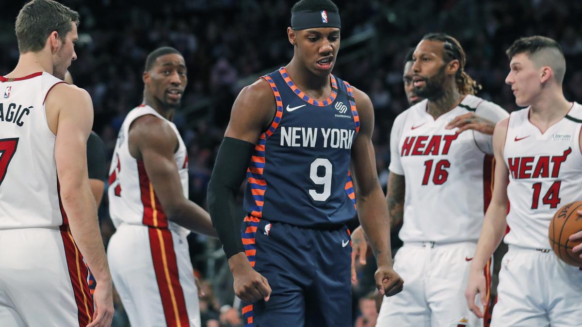 New York Knicks’ RJ Barrett, center, reacts after scoring during the second half of the Sunday’s Knicks win against the Heat. (AP Photo/Seth Wenig)