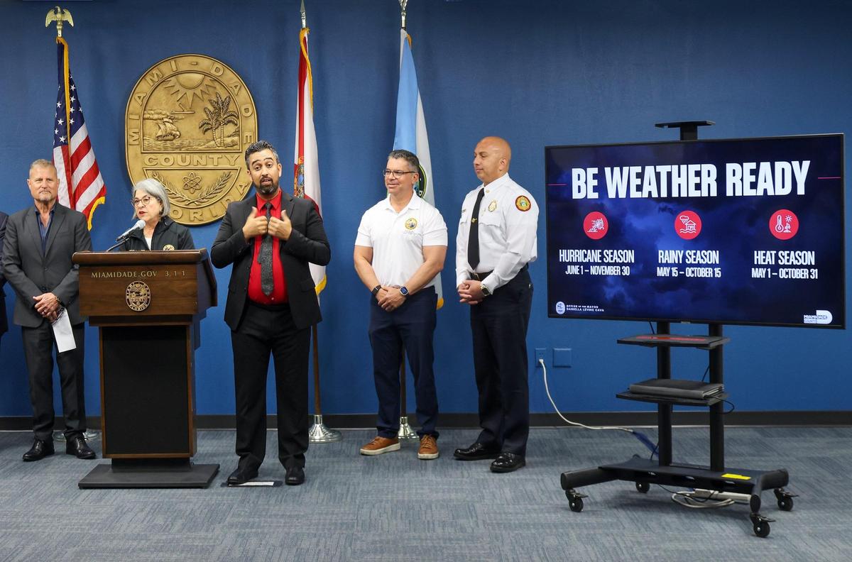 Miami-Dade County Mayor Daniella Levine Cava, second from the left, along with the Board of County Commissioners and other county personnel, held a press conference on May 15, 2025, at the Miami-Dade County Emergency Operations Center in Doral, Florida.