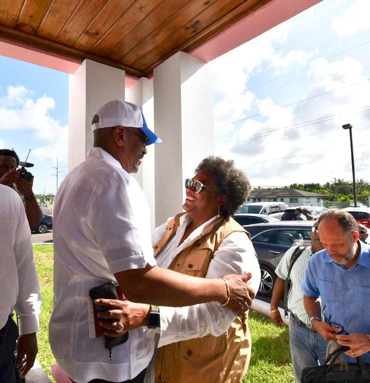 Barbados Prime Minister Mia Motley greets Bahamas Prime Minister Dr. Hubert Minnis after arriving in Nassau, Bahamas on Thursday as part of a delegation from the Caribbean Community to see Hurricane Dorian’s damage.