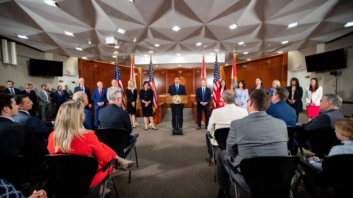 Gov. Ron DeSantis gives his assessment of the 2023 Florida legislative session in the Cabinet room of the Capitol in Tallahassee on May 5.
