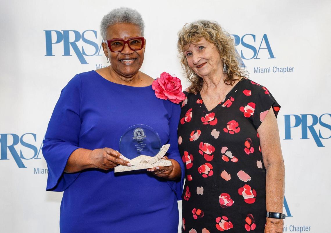 Bea Hines with Connie Crowther, past president of the PRSA Miami Chapter and former Miami Herald reporter. Crowther presented Hines with the Royal Palm Award at the Ev Clay/PRSA Miami Chapter Endowment Fund Luncheon at the Rusty Pelican restaurant in Miami on Friday, Oct. 6, 2023.