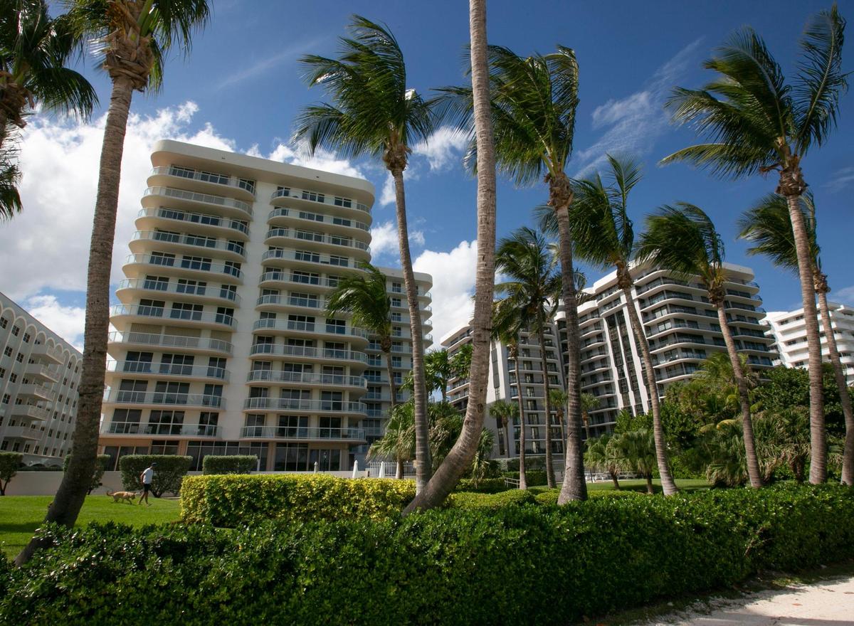 Champlain Towers East at 8855 Collins Ave. (left) and Champlain Towers North at 8877 Collins Ave., Surfside, Fla., as seen from the ocean side looking west on Oct. 20, 2021.