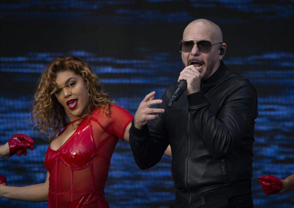 Pitbull performs at the Allstate Championship Tailgate at the stadium before the College Football Playoff National Championship Game at Hard Rock Stadium on Monday, Jan. 19, 2026 in Miami Gardens, Fla.