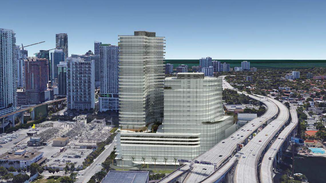 This rendering shows an aerial view of the proposed redevelopment of the Miami Riverside Center, the city’s administrative headquarters. The new development would include four towers: a new municipal building and three residential towers. One residential tower would include workforce and market-rate rental units, and the other two would have a range of condo units.
