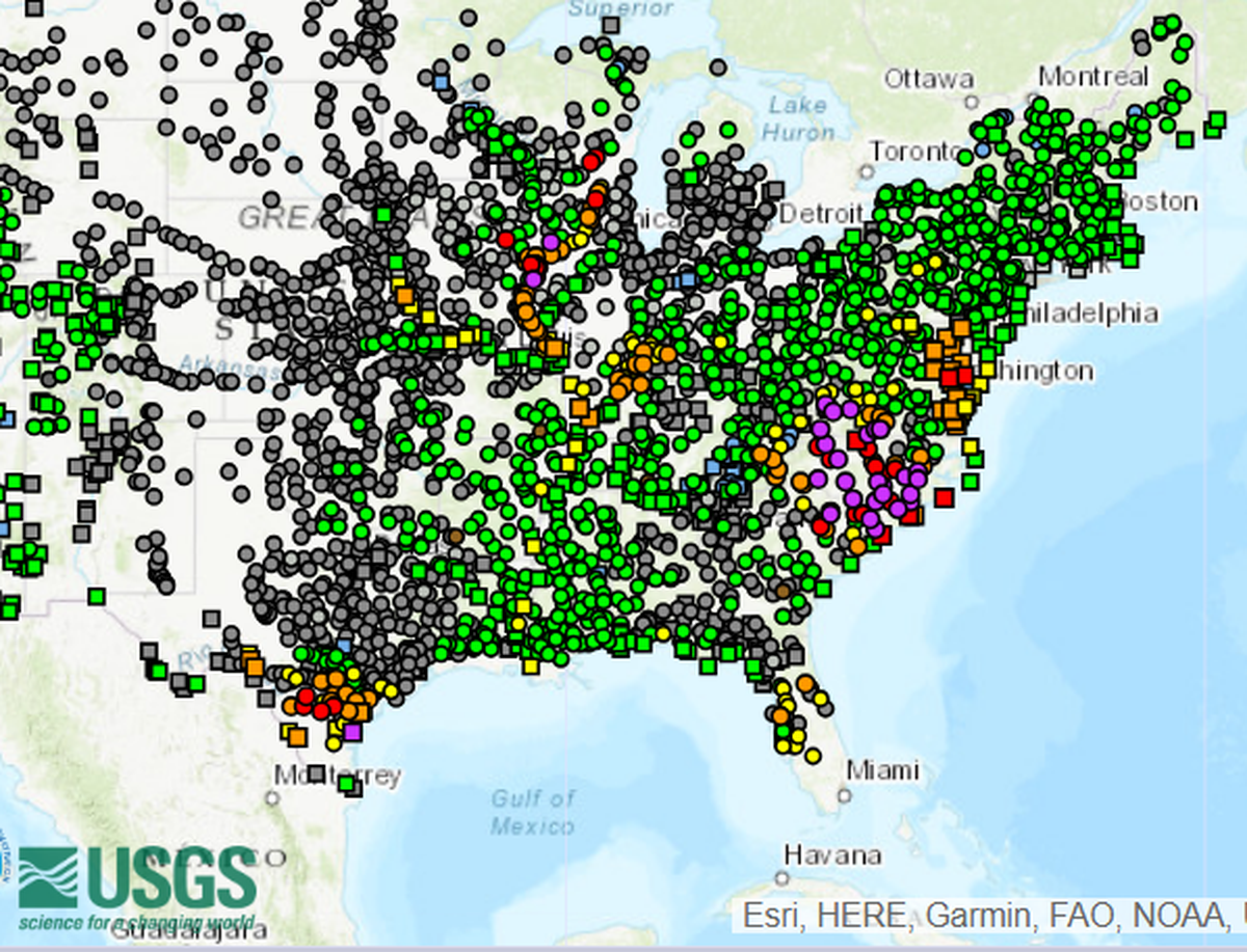 Flood projections for rivers across the U.S. show Florence’s toll: purple dots show were rivers are expected to reach major flood stage over the next week.