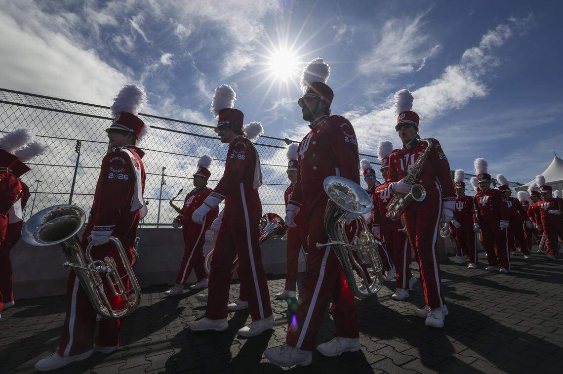 Indiana Hoosiers marching band arrives to the stadium before the College Football Playoff National Championship Game against the Miami Hurricanes at Hard Rock Stadium on Monday, Jan. 19, 2026 in Miami Gardens, Fla.