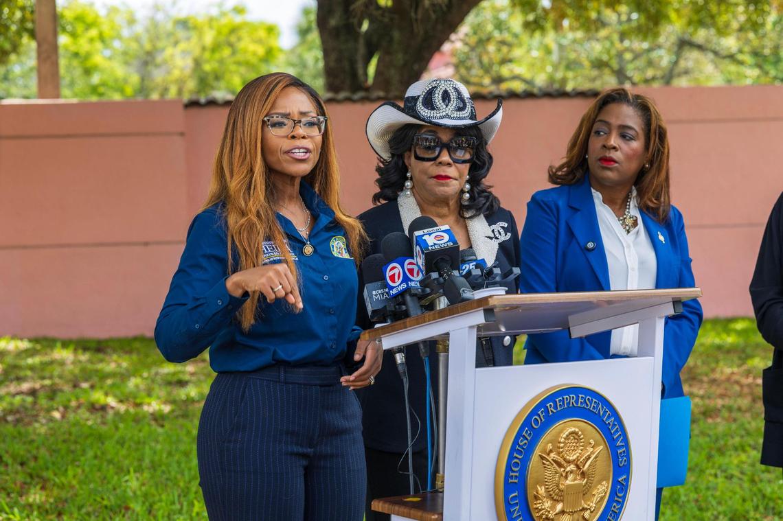 From left-Congresswomen Sheila Cherfilus-McCormick and Frederica Wilson with Councilwoman Mary Estimé -Irven, City of North Miami, talked to the press after visiting the I.C.E. Broward Transitional Center Following Death of Haitian Woman Detainee, in Pompano Beach, on Friday May 02, 2025.
