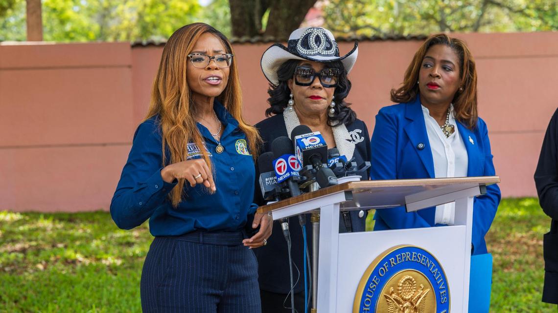 From left-Congresswomen Sheila Cherfilus-McCormick and Frederica Wilson with Councilwoman Mary Estimé -Irven, City of North Miami, talked to the press after visiting the I.C.E. Broward Transitional Center Following Death of Haitian Woman Detainee, in Pompano Beach, on Friday May 02, 2025.