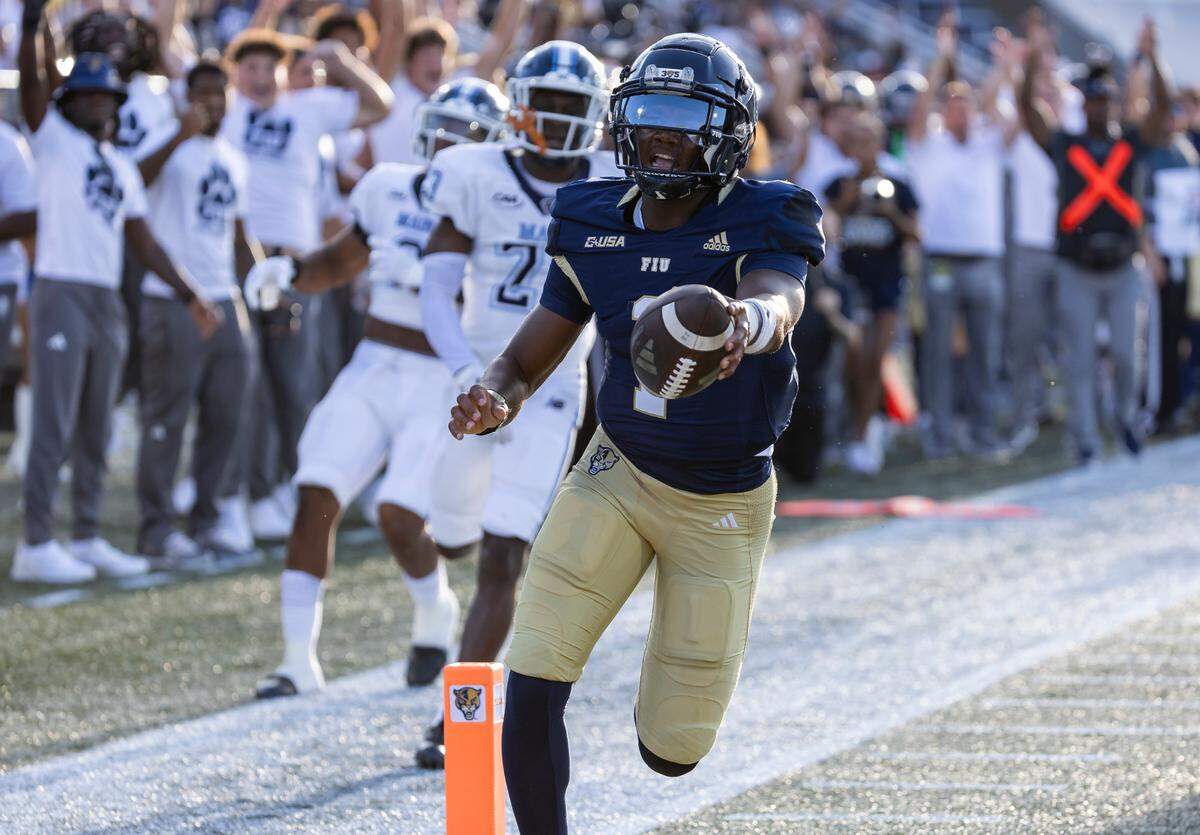 FIU Panthers quarterback Keyone Jenkins (1) makes it into the end zone against the Maine Black Bears in the first quarter of their NCAA DI football game at the FIU Football Stadium on Saturday, Sept. 2, 2023, in Miami, Fla. The touchdown was nullified.