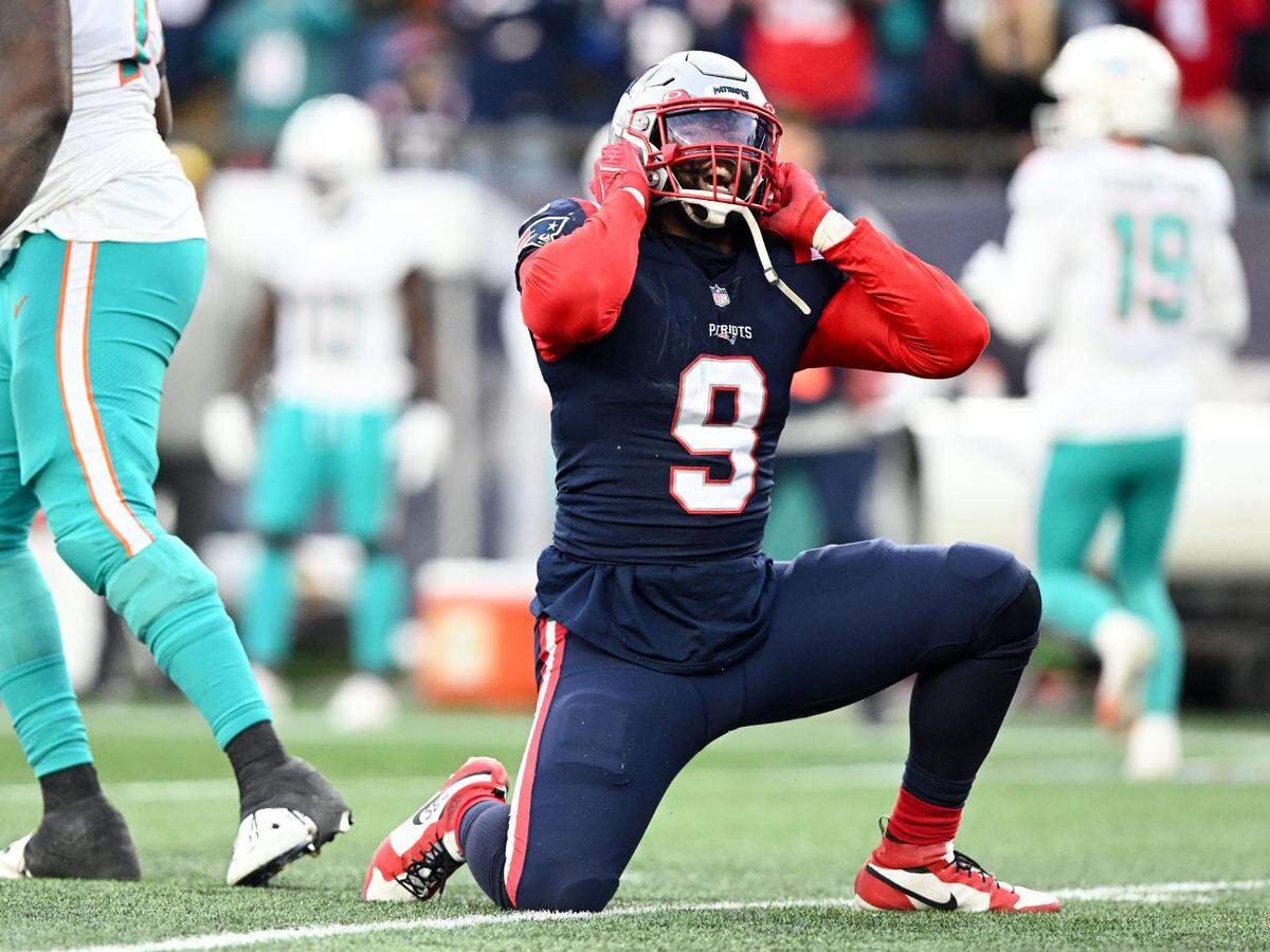 Jan 1, 2023; Foxborough, Massachusetts, USA; New England Patriots linebacker Matthew Judon (9) reacts after a sack against the Miami Dolphins during the second half at Gillette Stadium. Mandatory Credit: Brian Fluharty-USA TODAY Sports