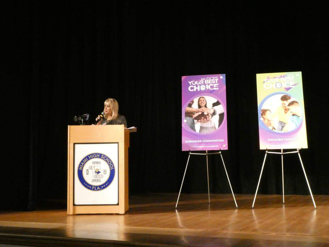 Miami-Dade School Board Chair Mari Tere Rojas speaks during a news conference on Thursday, Nov. 2, 2023 announcing the district’s upcoming fentanyl awareness campaign.