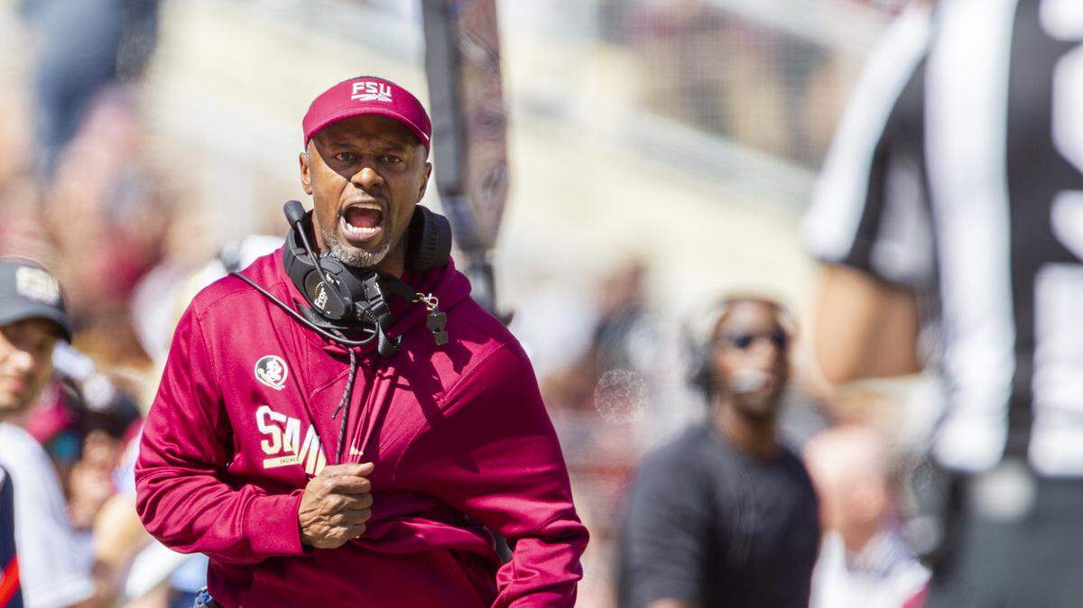 Florida State head coach Willie Taggart disagrees with the referee in the first half of an NCAA college football game against Clemson in Tallahassee, Fla., Saturday, Oct. 27, 2018.