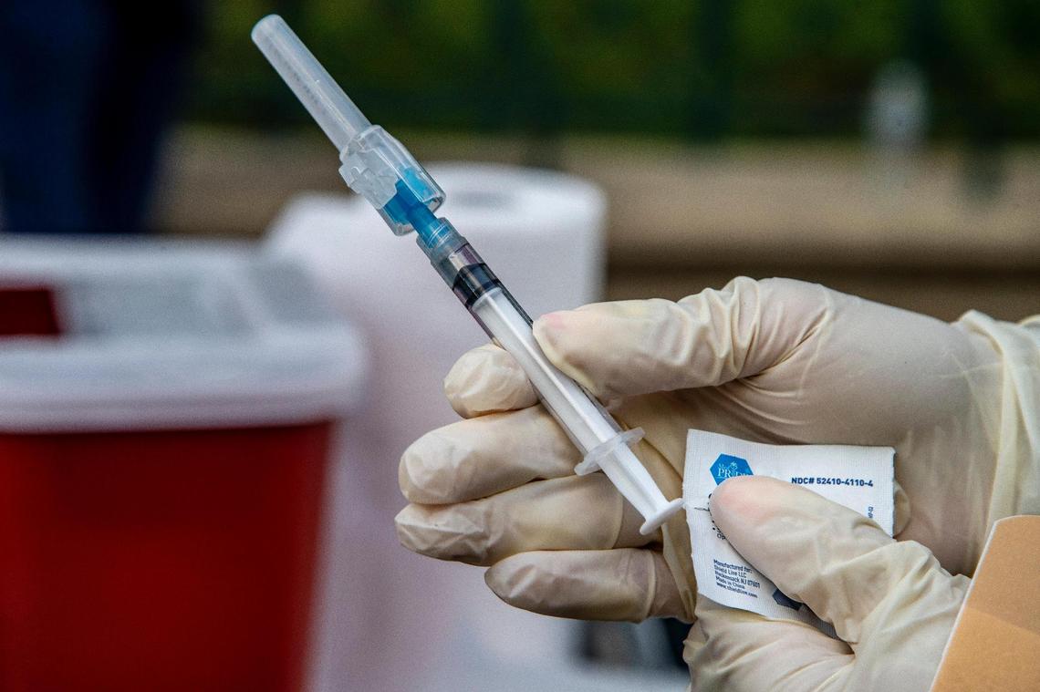 A syringe with a dose of the (J&J/Janssen) COVID-19 vaccine given to the homeless population living in downtown Miami as the Miami-Dade County Homeless Trust and Florida Division of Emergency Management vaccination tours.
