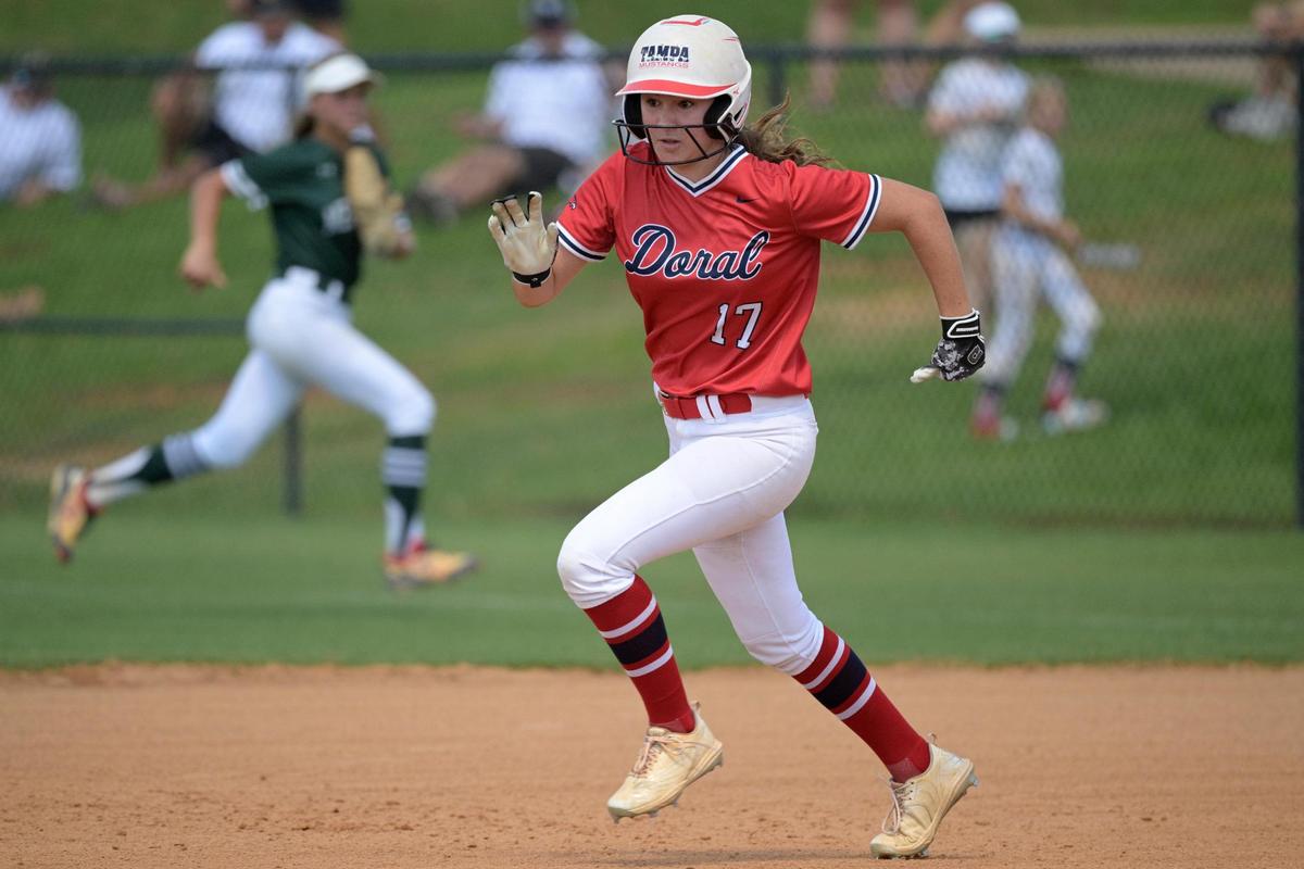 Doral Academy’s Gabriella D’arcangelo (17) runs to second base on a fielder’s choice during the third inning of an FHSAA State Championship Softball Game against Melbourne, Saturday, May 28, 2022, in Clermont, Fla. (Phelan M. Ebenhack for the Miami Herald)