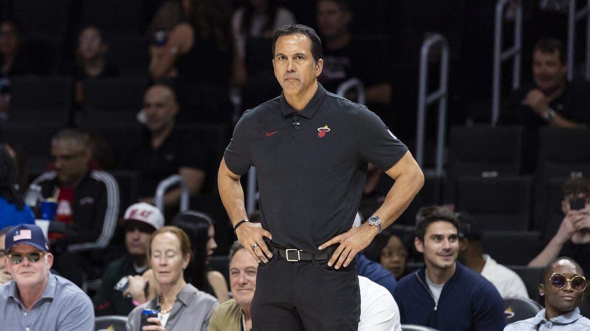 Miami Heat head coach Erik Spoelstra watches his team play against the Houston Rockets in the first half of their NBA game at Kaseya Center on Feb. 28, 2026, in Miami.