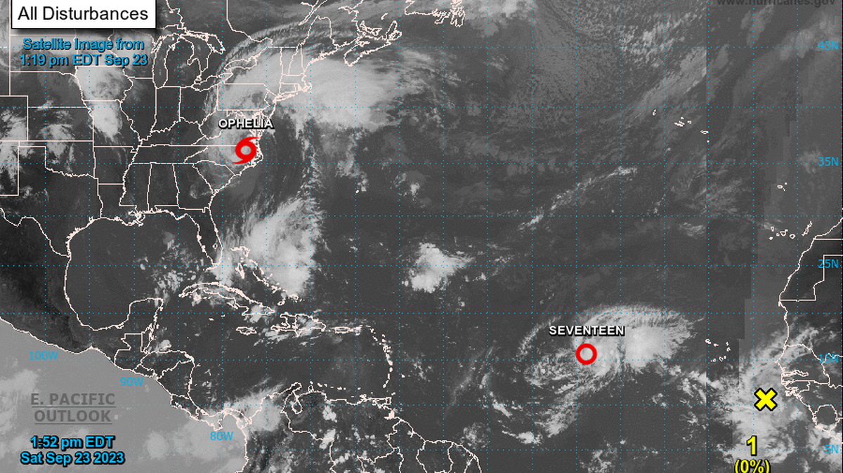 There are three systems in the Atlantic on Saturday afternoon, Sept. 23, 2023: Tropical Storm Ophelia, Tropical Depression 17 and a new disturbance rolling off Africa’s coast.