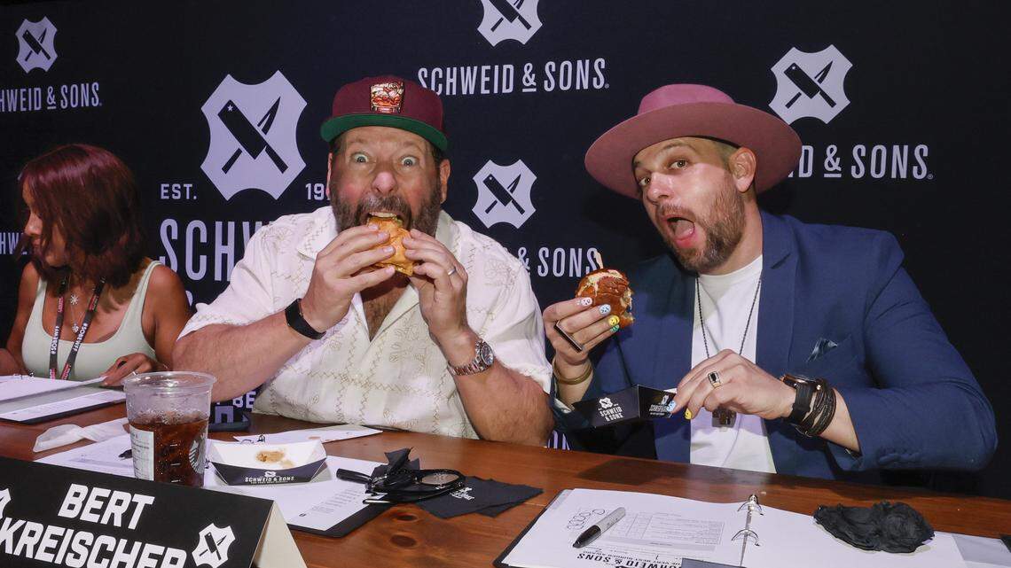 Comedian Bert Kreischer and restaurantuer Matthew Kuscher of Kush Hospitality judge the annual Burger Bash hosted by Rachael Ray as local burger restaurants compete to make the best burgers on Thursday, February 19, 2026.