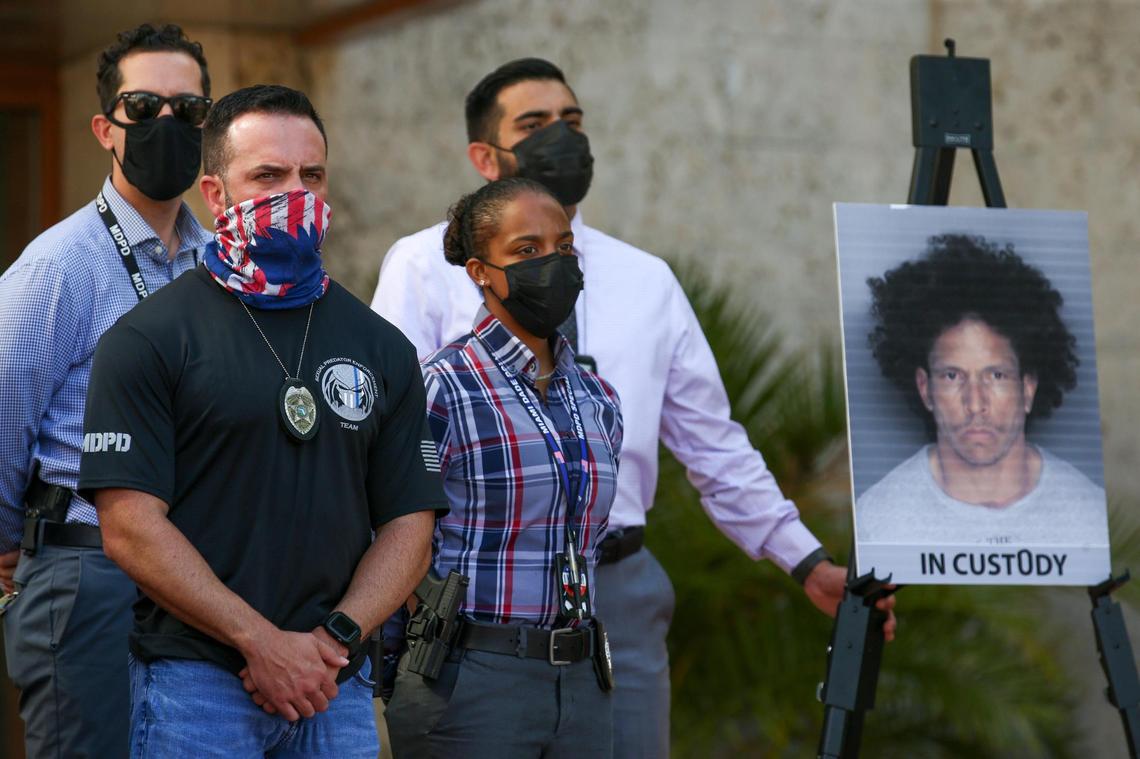 Members of the Miami-Dade Police Department Special Predator Enforcement Team attend a press conference on the arrest of Aliex Santiesteban in the armed sexual battery of a 12-year-old, at the Miami-Dade Police Fred Taylor Headquarters Building in Doral, Florida, on Tuesday, March 30, 2021.