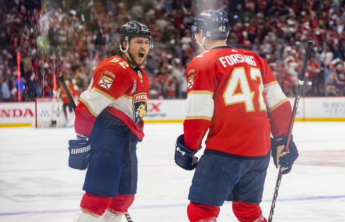 Florida Panthers defenseman Brandon Montour (62) celebrates after scoring a goal against the Vegas Golden Knights in the first period of Game 3 of the NHL Stanley Cup Final at the FLA Live Arena on Thursday, June 8, 2023, in Sunrise, Fla.
