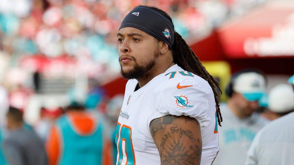 Miami Dolphins Kendall Lamm (70) on the sidelines during the game against the San Francisco 49ers at Levi’s Stadium in Santa Clara, California on Sunday, December 4, 2022.