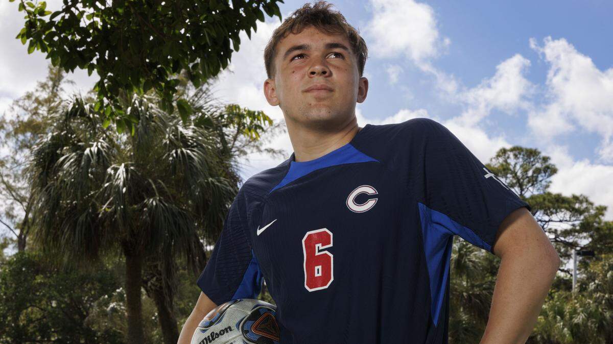 Cristian Tamargo, soccer player from Christopher Columbus High School, poses during the Miami-Dade Players of the Year photoshoot with the Miami Herald on Wednesday, March 11, 2026, at A.D. Barnes PArk in Miami, Fla.