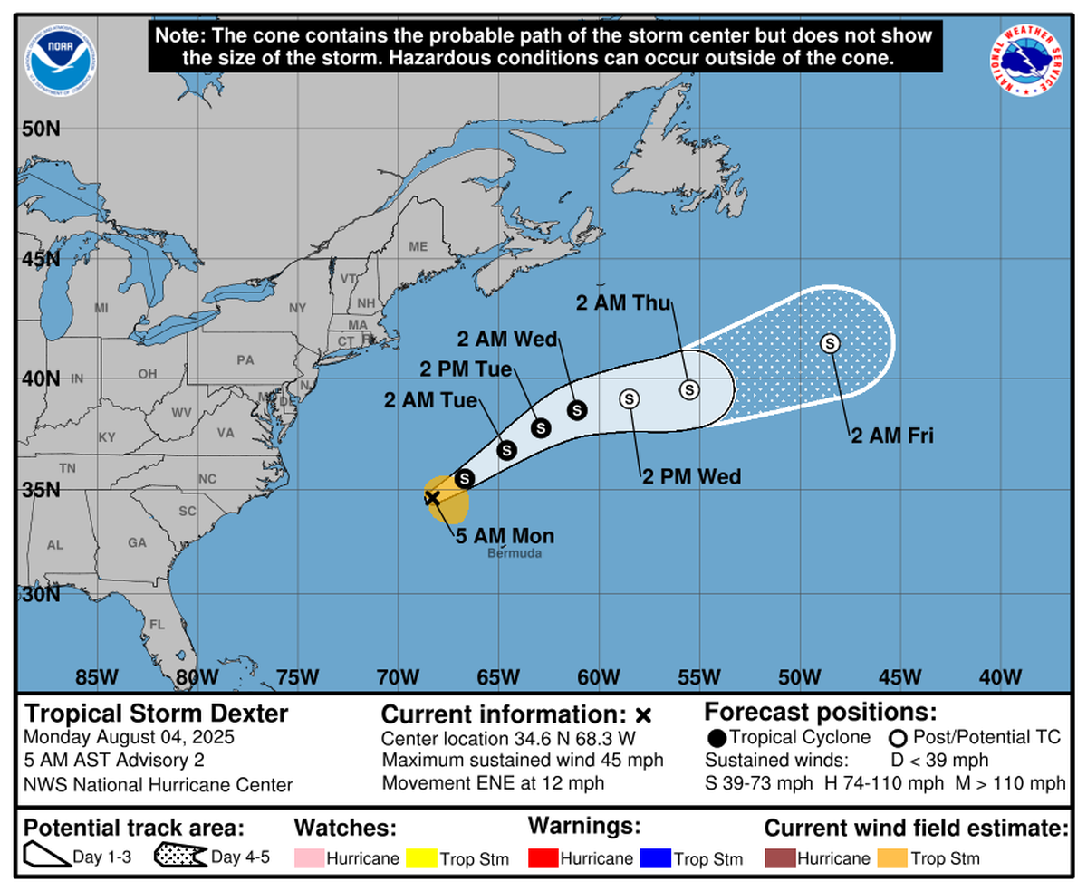 Tropical Storm Dexter is expected to steer clear of land for the next few days before weakening.