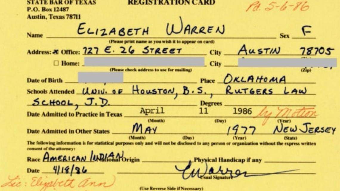 Sen. Elizabeth Warren’s 1986 registration card for the State Bar of Texas indicated her race as “American Indian.”