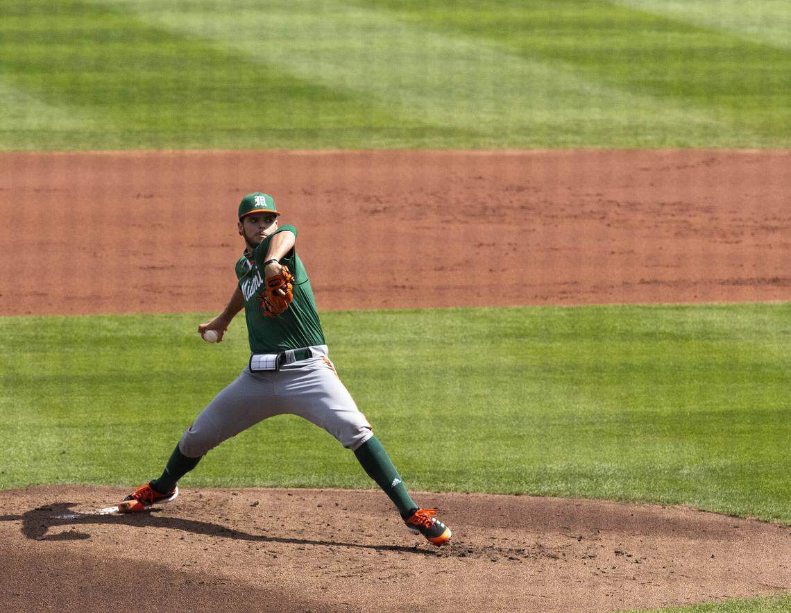 Freshman Miami Hurricanes pitcher Victor Mederos made his first collegiate start on Sunday, Feb. 21, 2021 against the No. 1 Gators at Florida Ballpark in Gainesville. Photo by Cyndi Chambers