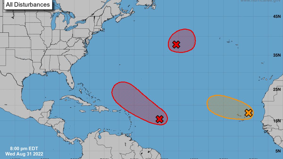 Three disturbances brewing in the Atlantic Wednesday now have a higher chance of turning into tropical depressions over the next few days, forecasters say.
