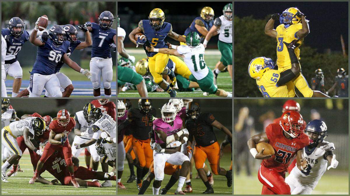 Six South Florida football teams - the Columbus Explorers (top left), St. Thomas Aquinas Raiders (top middle), Northwestern Bulls (top right), Cardinal Gibbons Chiefs (bottom left), Chaminade-Madonna Lions (bottom middle), and Champagnat Catholic Lions (bottom right) - will all compete for state titles at Orlando’s Camping World Stadium this weekend.