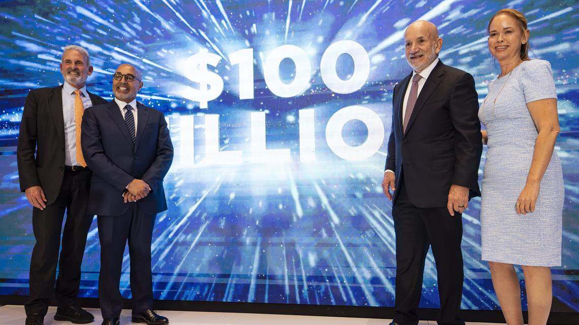 From left to right: Stuart Miller, CEO at Lennar, David Zambrana, incoming Jackson Health System chief executive officer, Carlos Migoya, outgoing Jackson Health System chief executive officer, and Flavia Llizo, chief executive officer of Jackson Health Foundation, gather for a photo during a preview event of a new emergency room at Jackson Memorial Hospital on Thursday, April 16, 2026, in Miami, Fla.