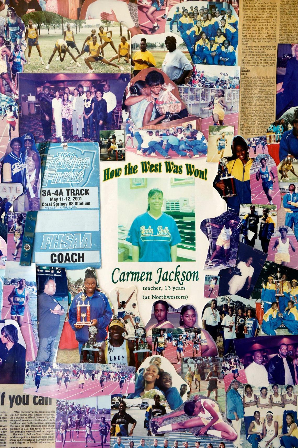 A mural displayed in Miami Northwestern High’s track coach Carmen Jackson’s office of former student athletes. Three of her former athletes are competing in the Olympic Games in Paris.