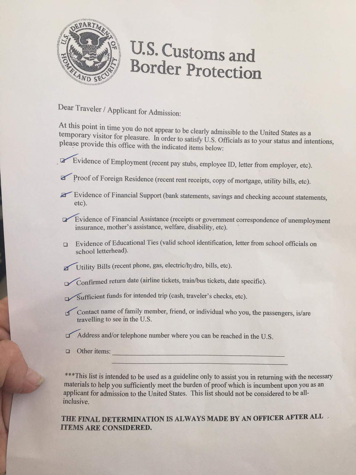U.S. Customs and Border Protection is handing out these letters to evacuees denied entry to the U.S. in Nassau, requiring them to return with more documents.